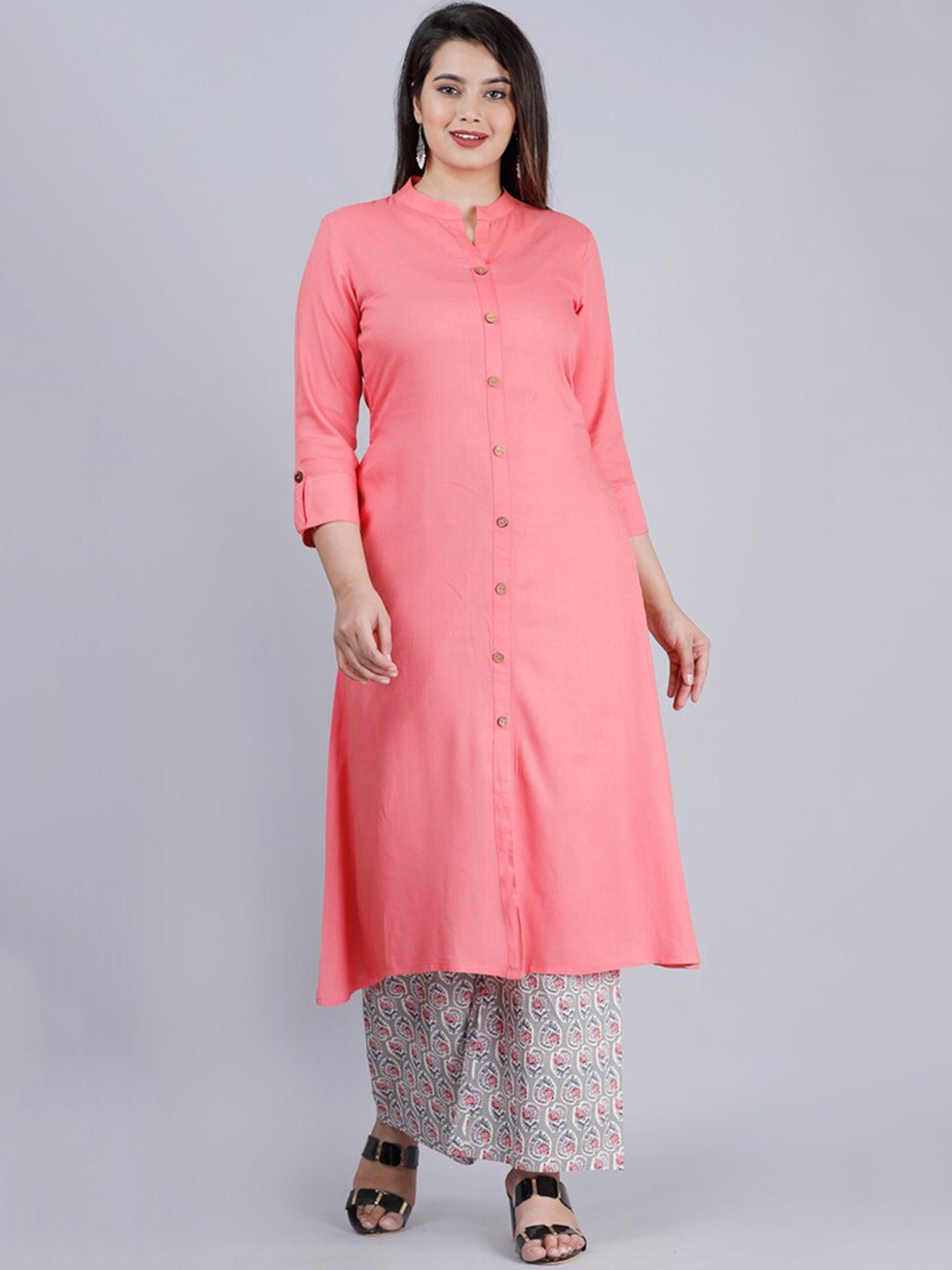 

MAUKA Women Peach-Coloured Solid Kurta with Printed Palazzo