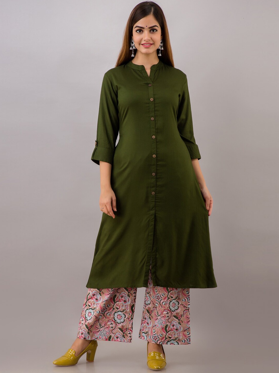 MAUKA Women Green Slit A-Line Kurta Palazzo Set