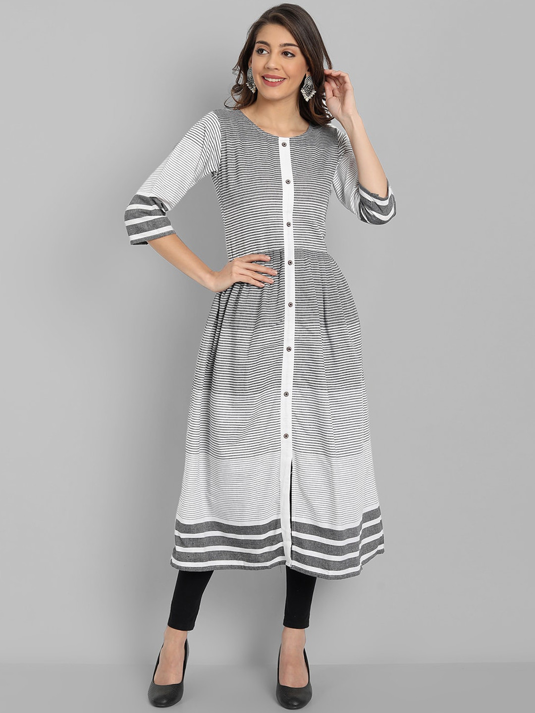 

HETSA Women White, Grey Striped Front Slit Kurta