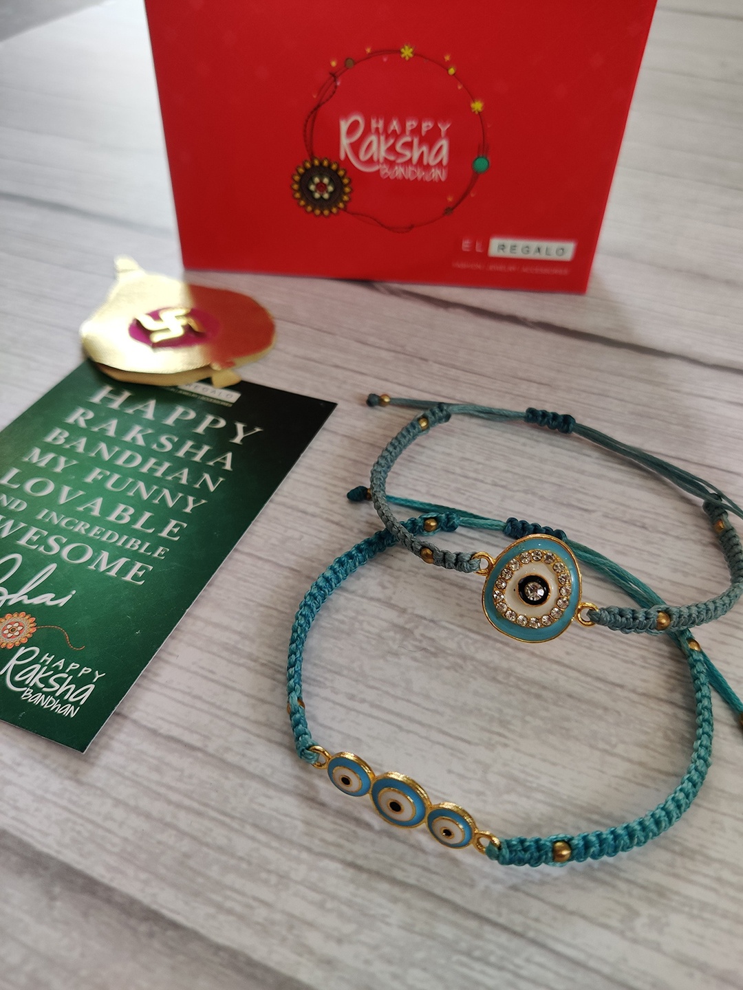 

EL REGALO Bhaiya Bhabhi Pack of 2 Turquoise Blue Evil Eye Beaded Wraparound Rakhi