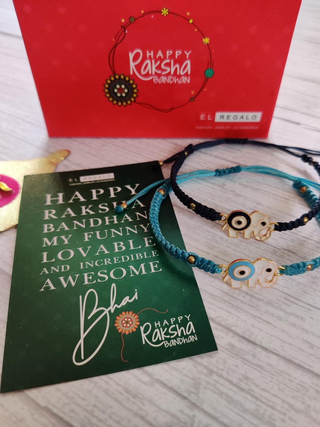 

EL REGALO Kids Turquoise Blue Black Set of 2 Rakhi with Roli Chawal & Card