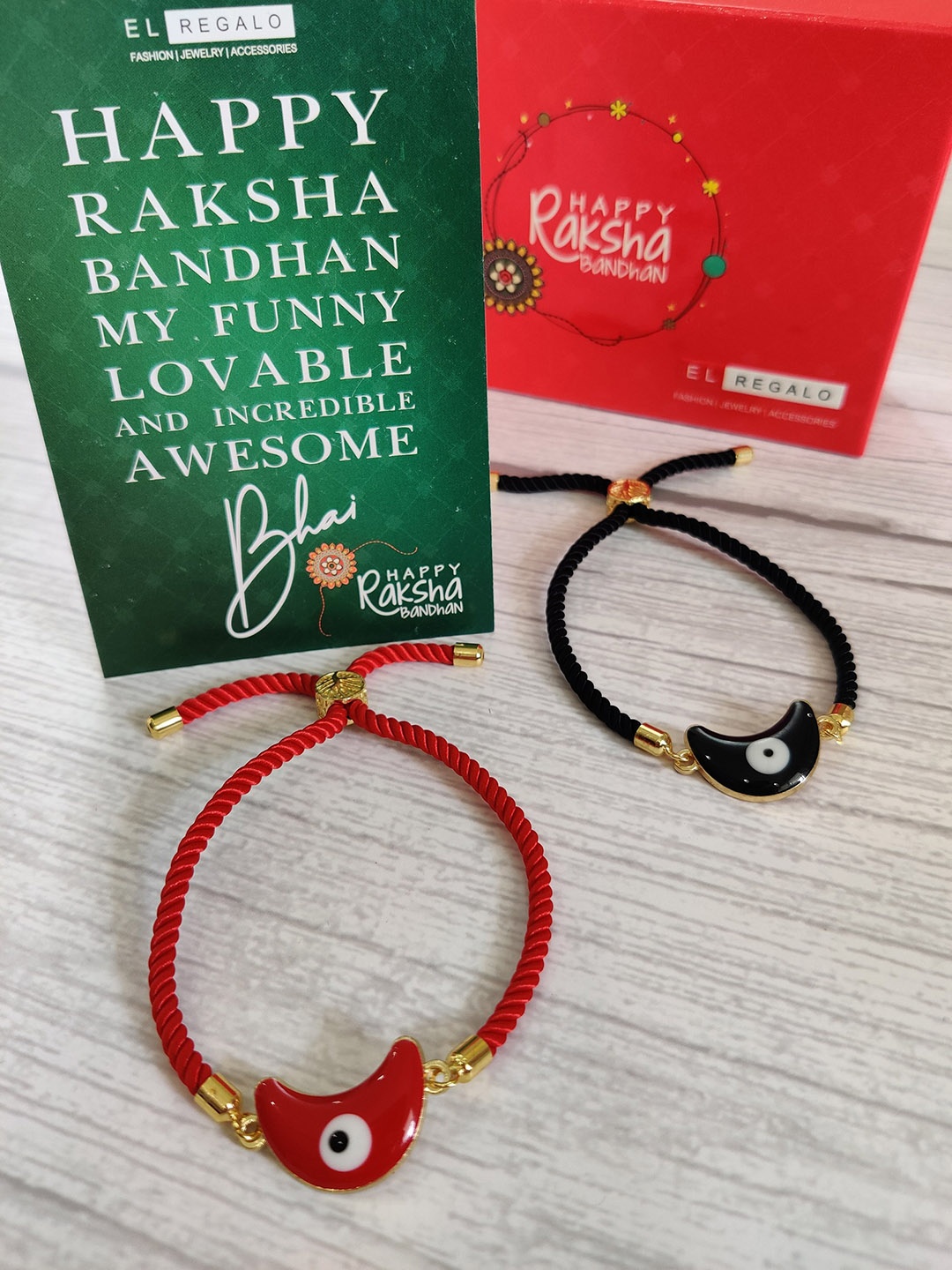 

EL REGALO Bhaiya Bhabhi Pack of 2 Red Black Evil Eye Beaded Wraparound Rakhi