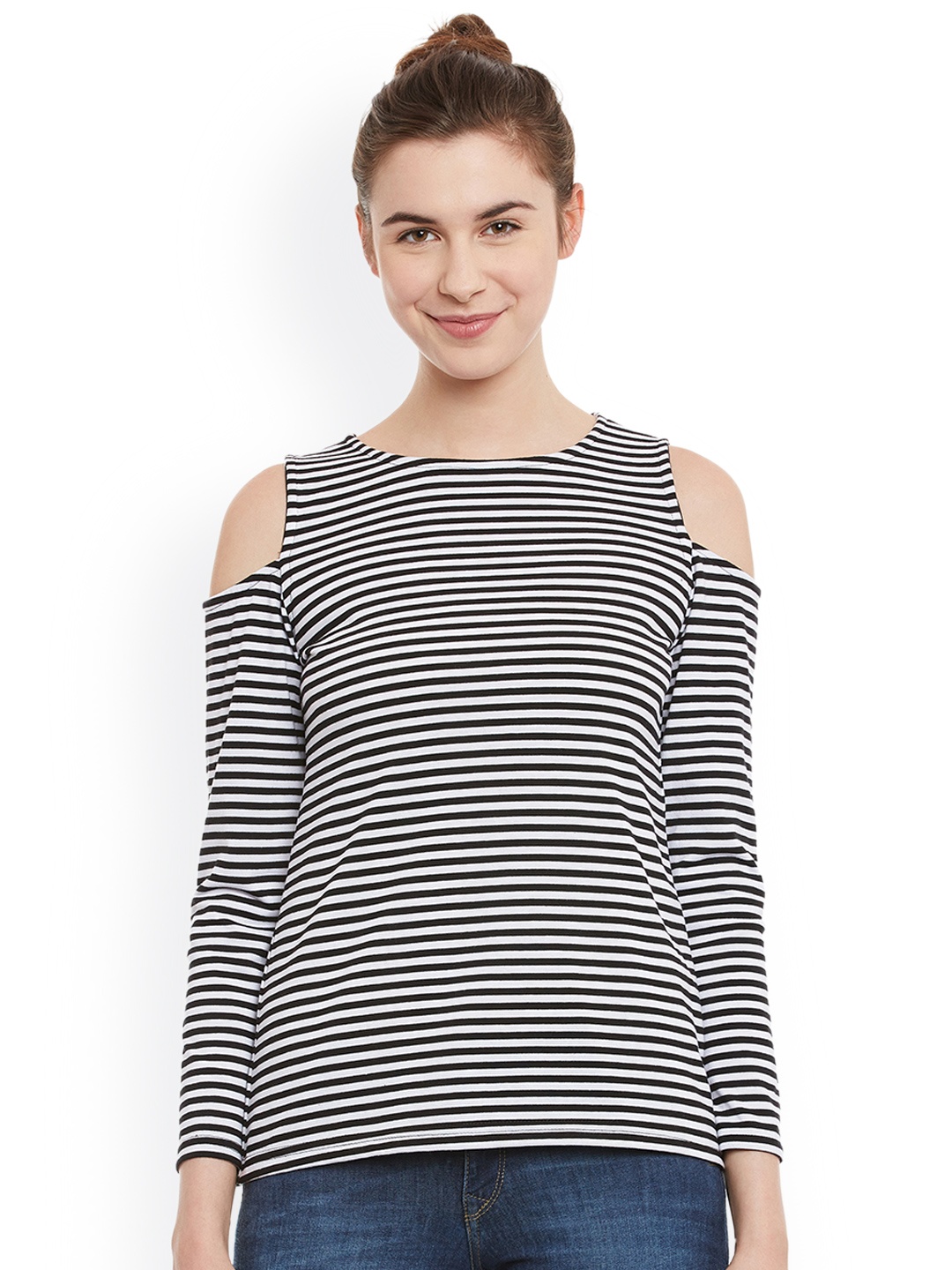 

Miss Chase Women Black & White Striped Cold Shoulder Pure Cotton Top