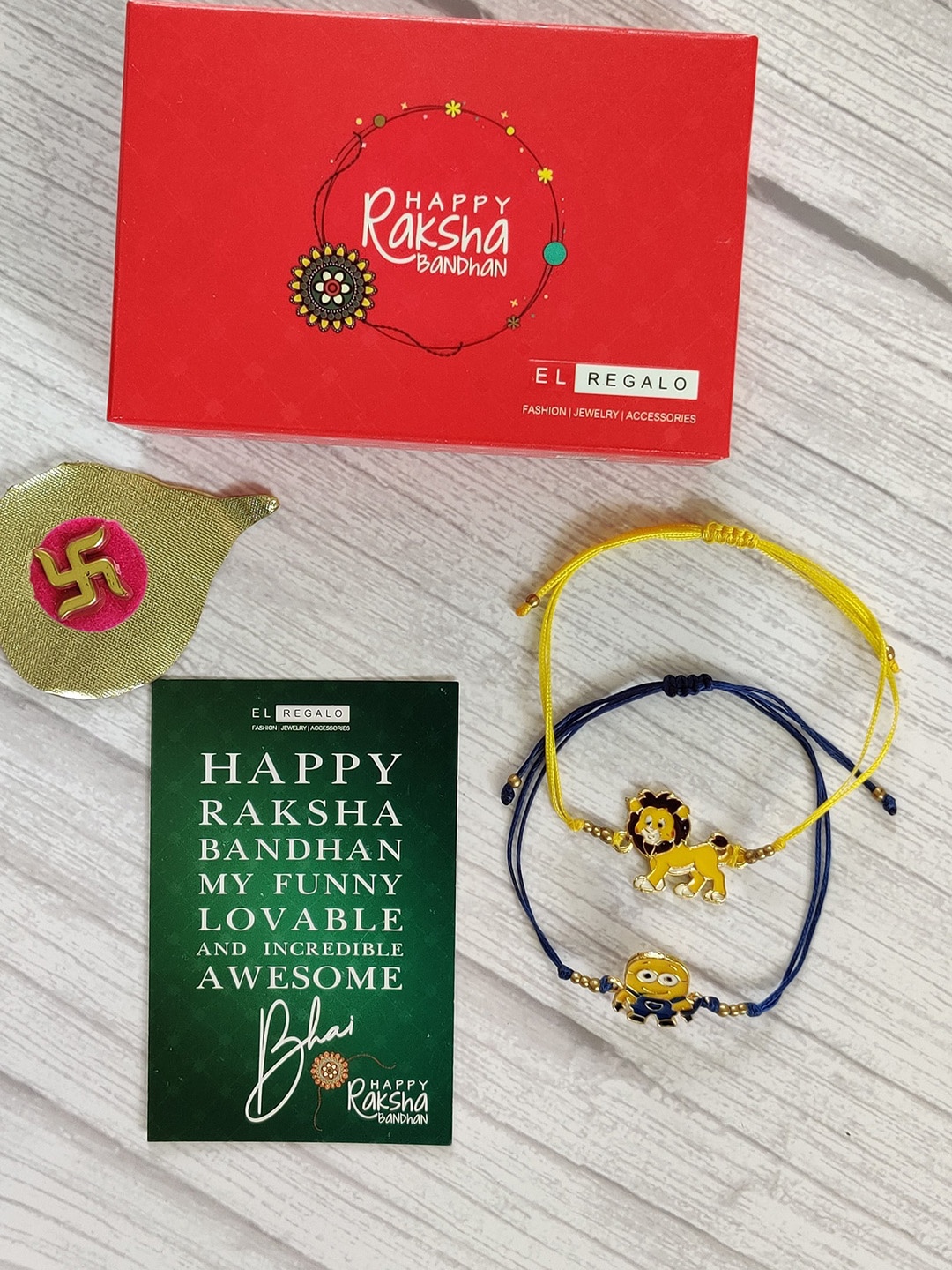 

EL REGALO Kids Set of 2 Rakhi Combo with Card & Roli Chawal, Blue