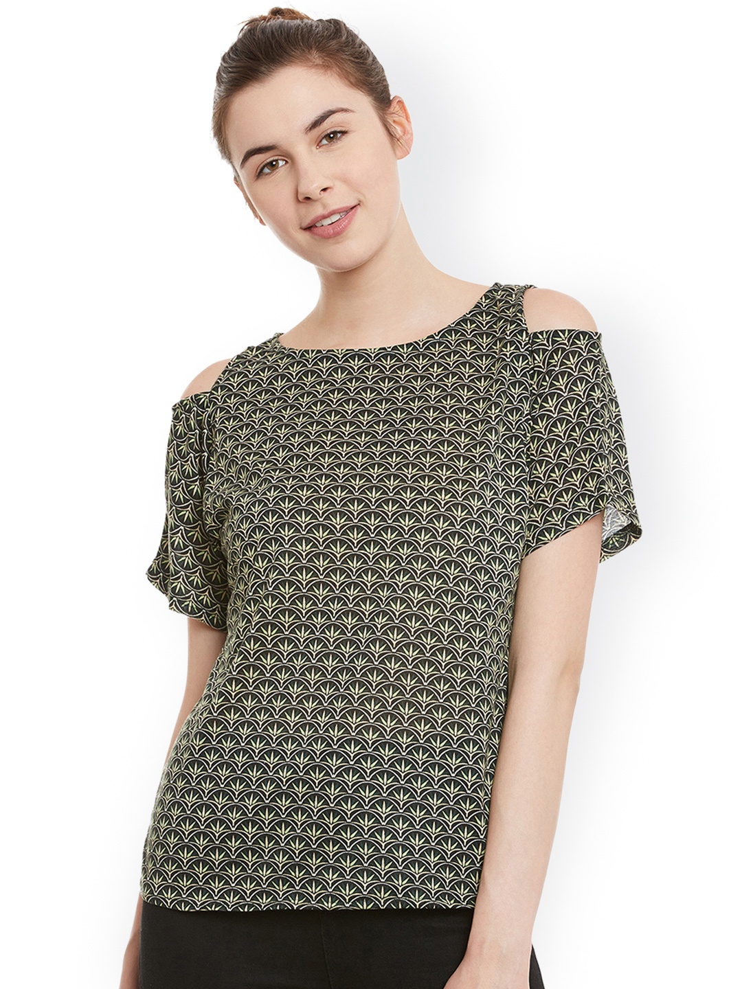 

Miss Chase Women Green Printed Cold Shoulder Top