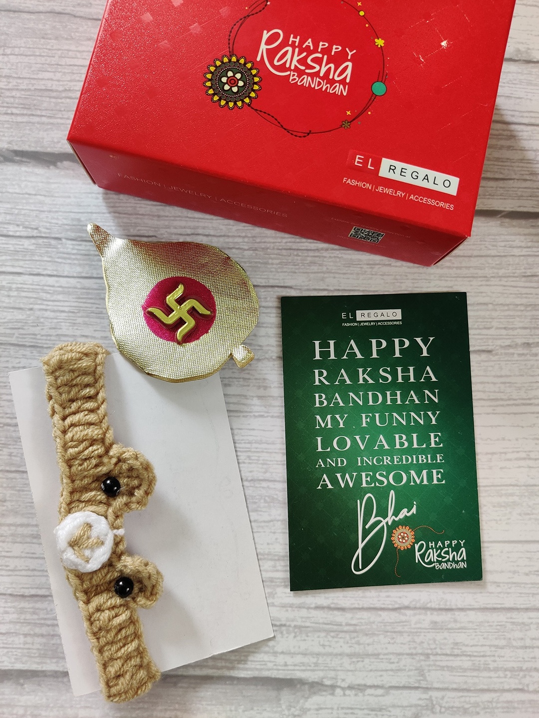 EL REGALO Kids Brown Knitted Rakhi With Roli Chawal