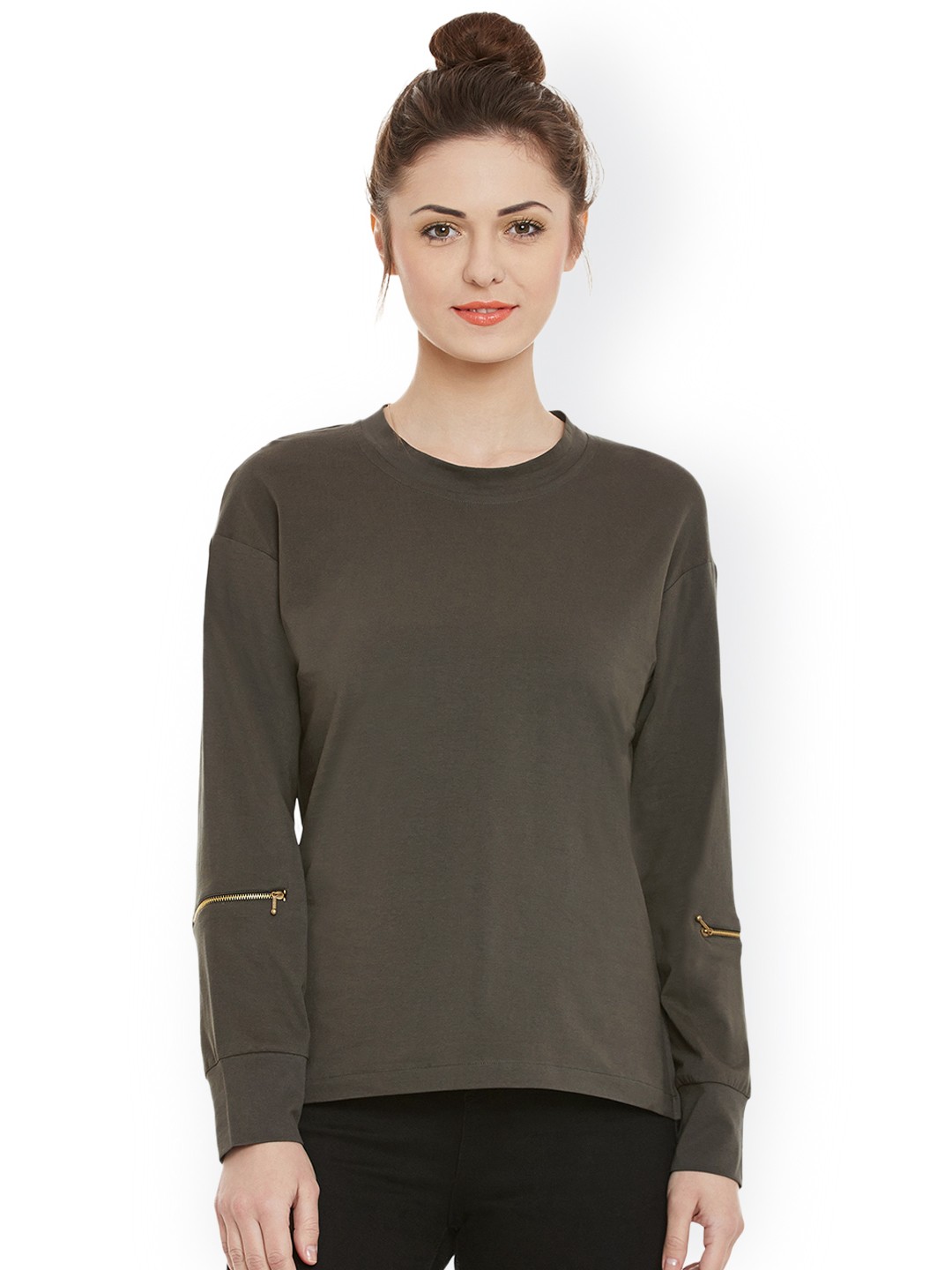 

Miss Chase Women Olive Green Solid Pure Cotton Top with Zip Detail