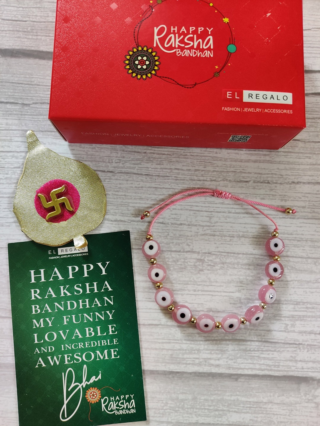 

EL REGALO Evil Eye Bracelet Rakhi With Greeting Card, Pink