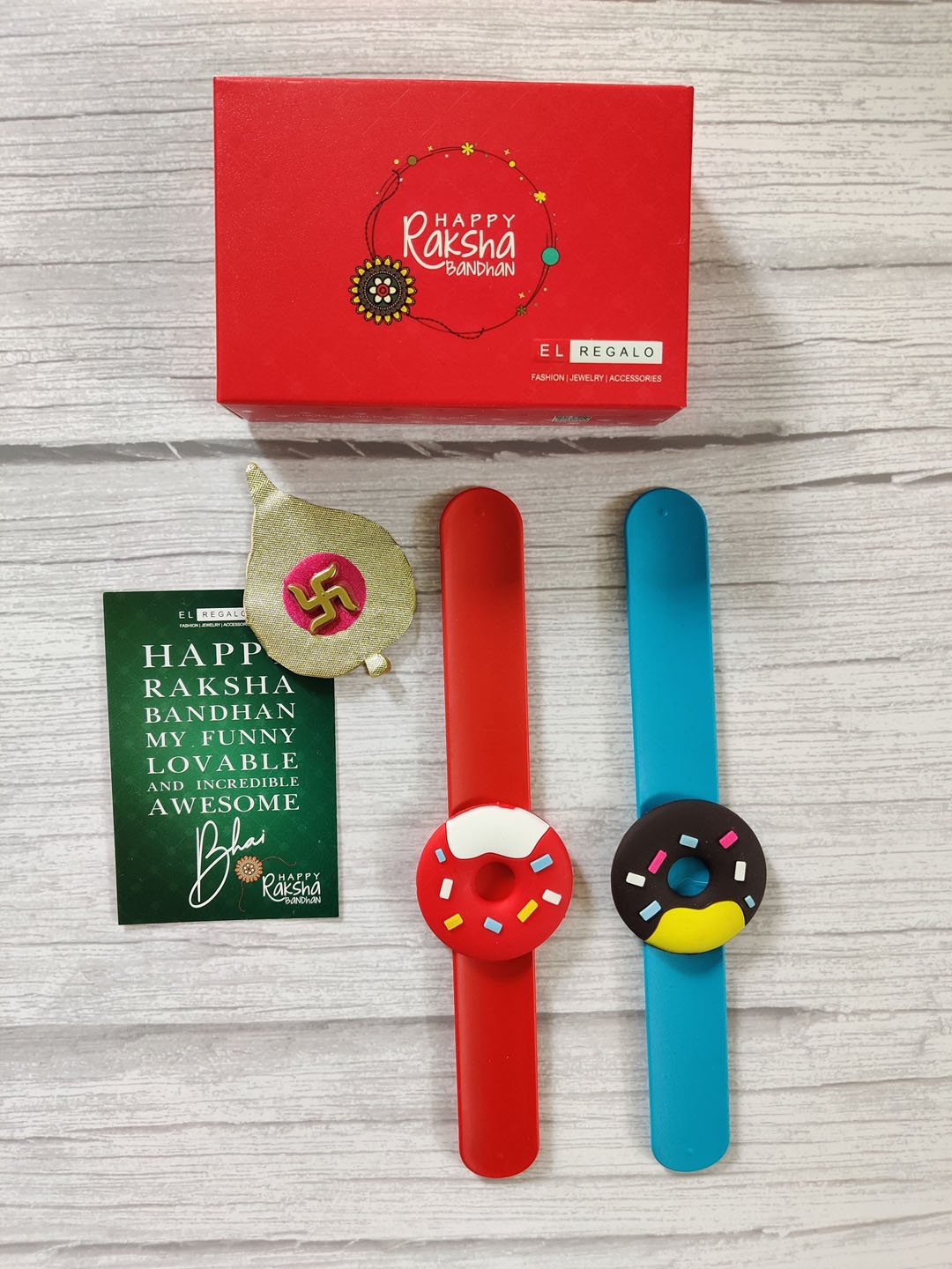 

EL REGALO Kids Blue Red Set of 2 Rakhi Combo with Card & Roli Chawal