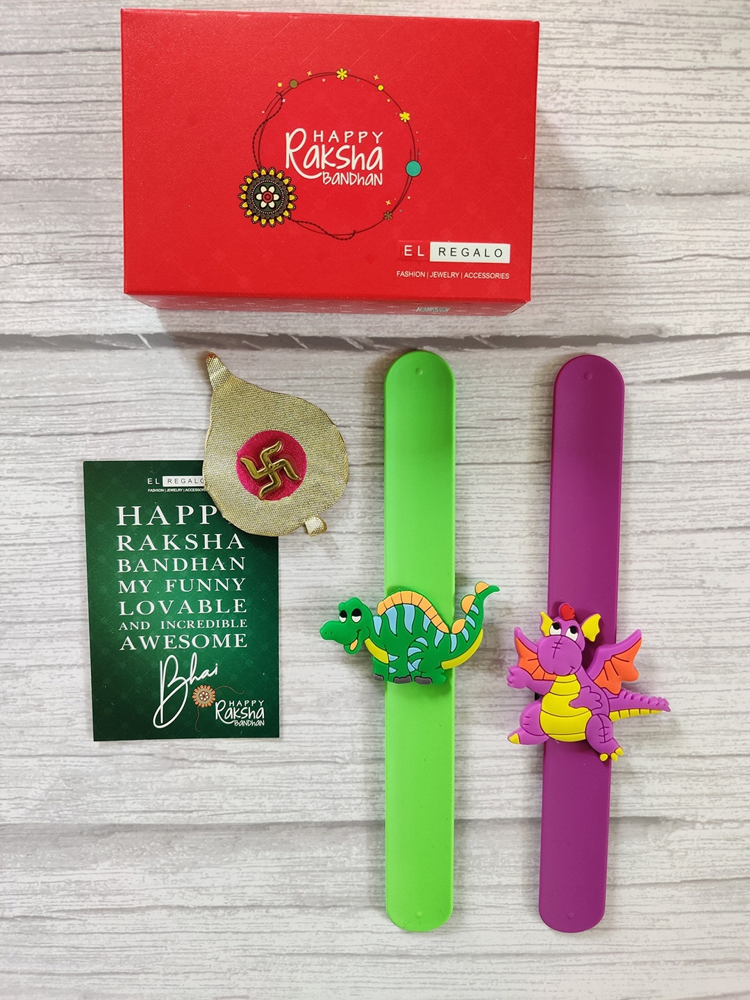 

EL REGALO Kids Pack of 2 Green Purple Wraparound Rakhi Combo with Card & Roli Chawal