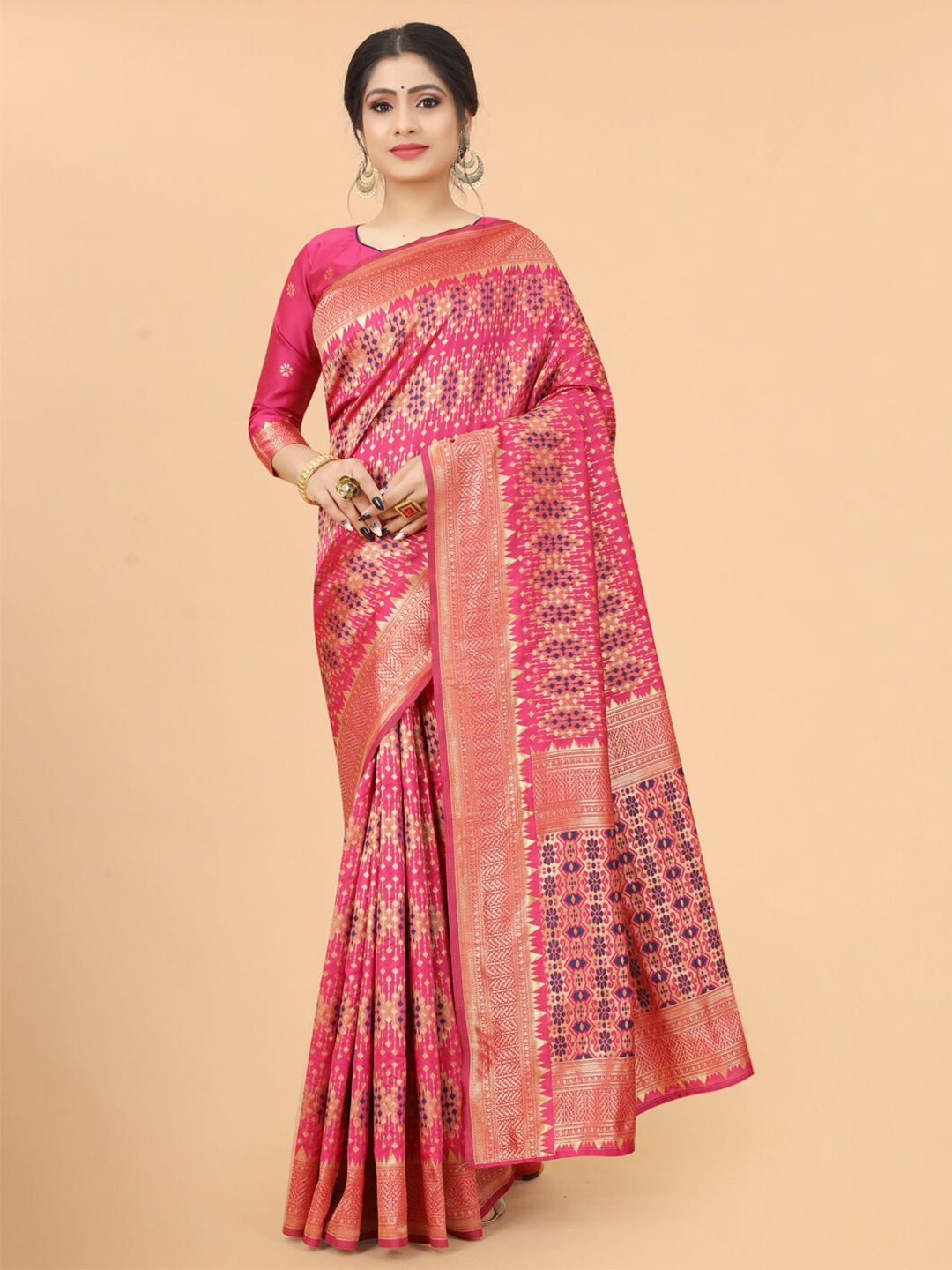 

WELL WORN Pink & Gold-Toned Woven Design Zari Silk Cotton Banarasi Saree