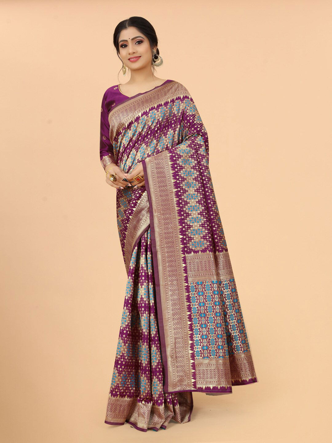 

WELL WORN Women Burgundy & Blue Woven Design Zari Silk Cotton Banarasi Saree