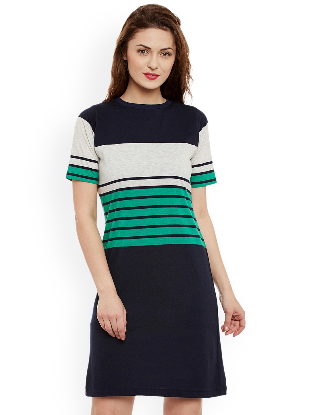 

Miss Chase Women Green & Grey Striped T-shirt Dress