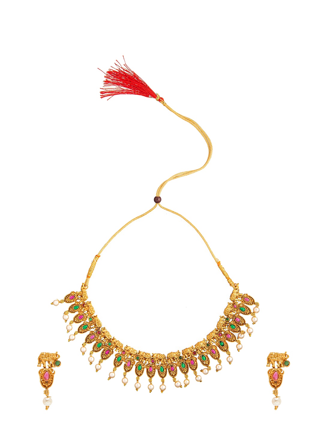 

Shining Jewel - By Shivansh Gold-Plated Pink & Green Stone-Studded Choker Jewellery Set