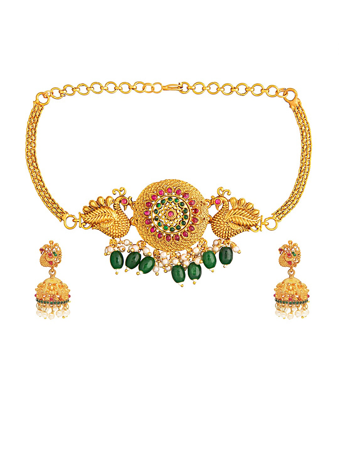 

Shining Jewel - By Shivansh Gold-Plated Stone-Studded & Pearl Beaded Choker Jewellery Set