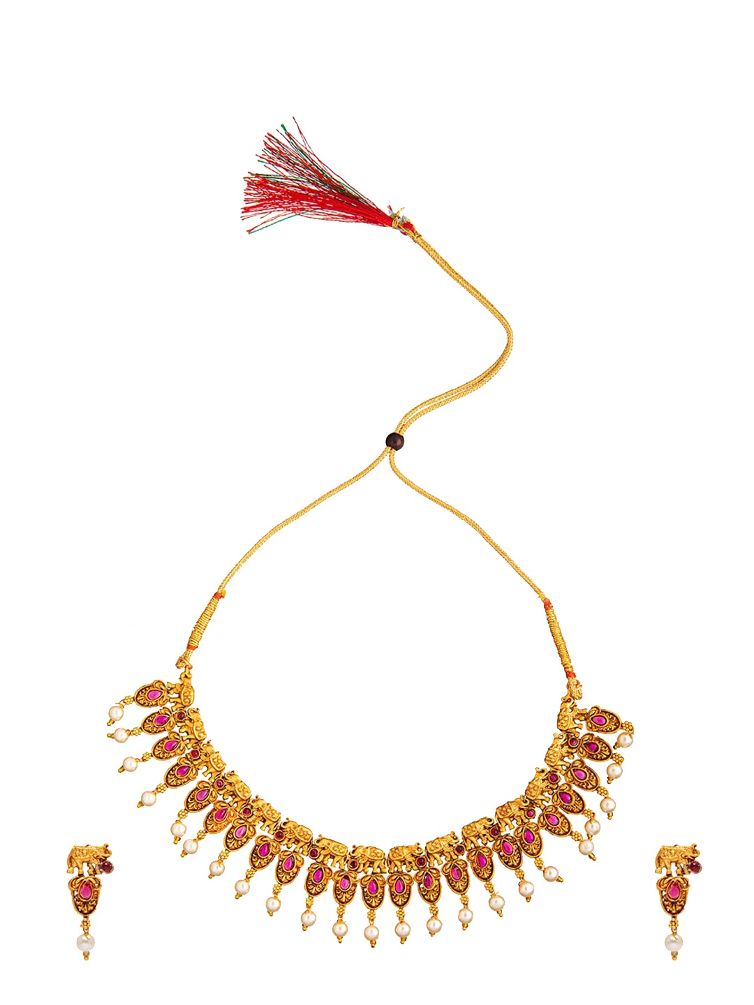 

Shining Jewel - By Shivansh Gold-Plated Stone-Studded & Beaded Temple Choker Jewellery Set, Maroon