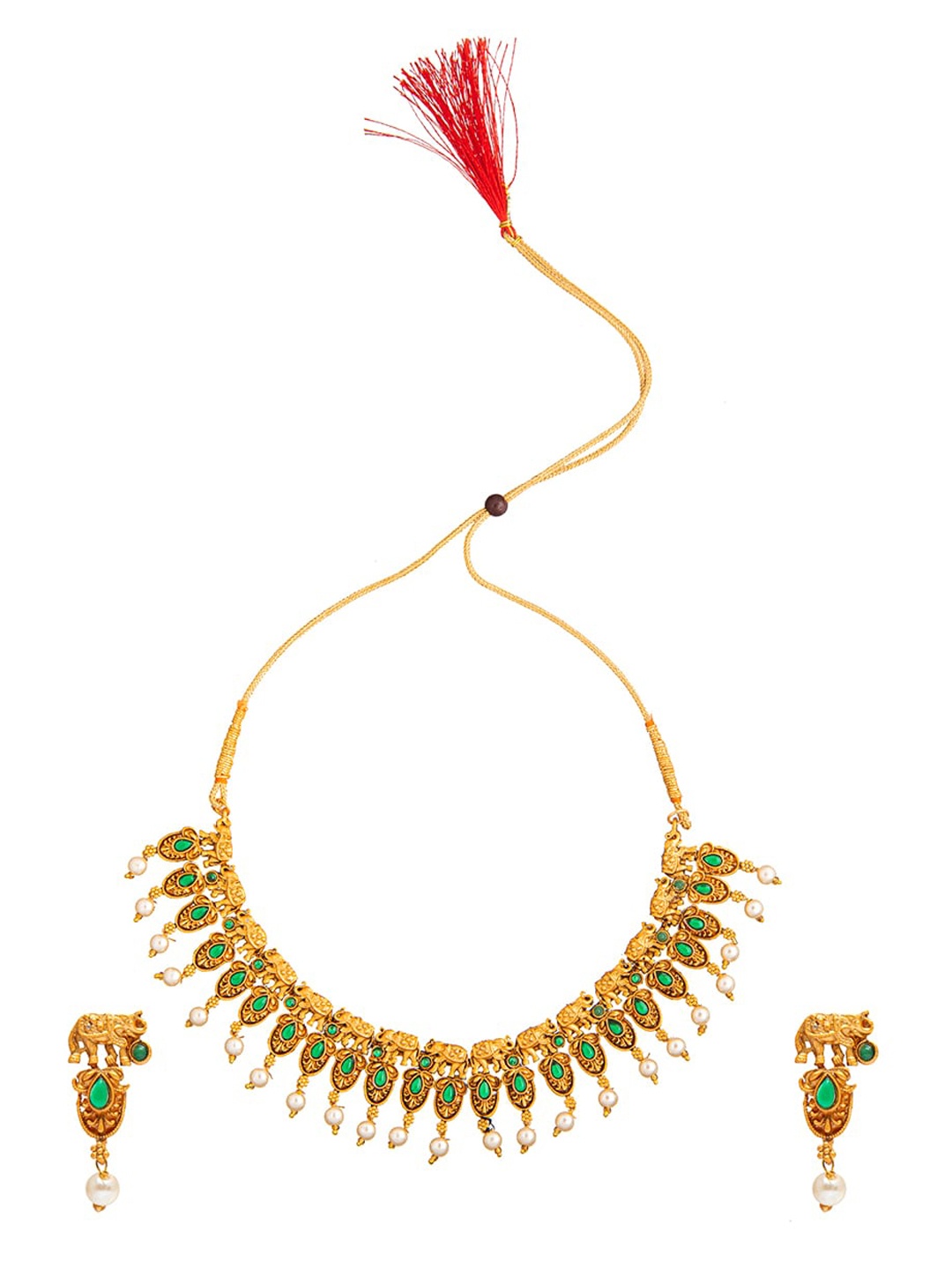 

Shining Jewel - By Shivansh Gold-Plated Stone-Studded & Pearl Beaded Temple Jewellery Set