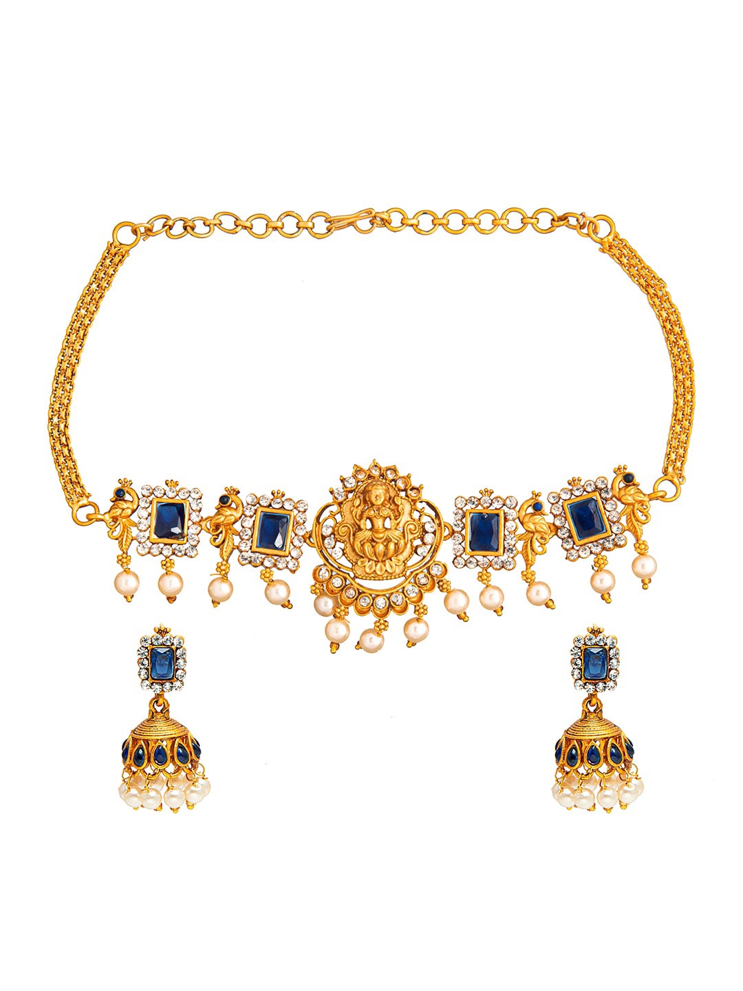 

Shining Jewel - By Shivansh Gold Plated Blue & White Stone Studded Beaded Jewellery Set