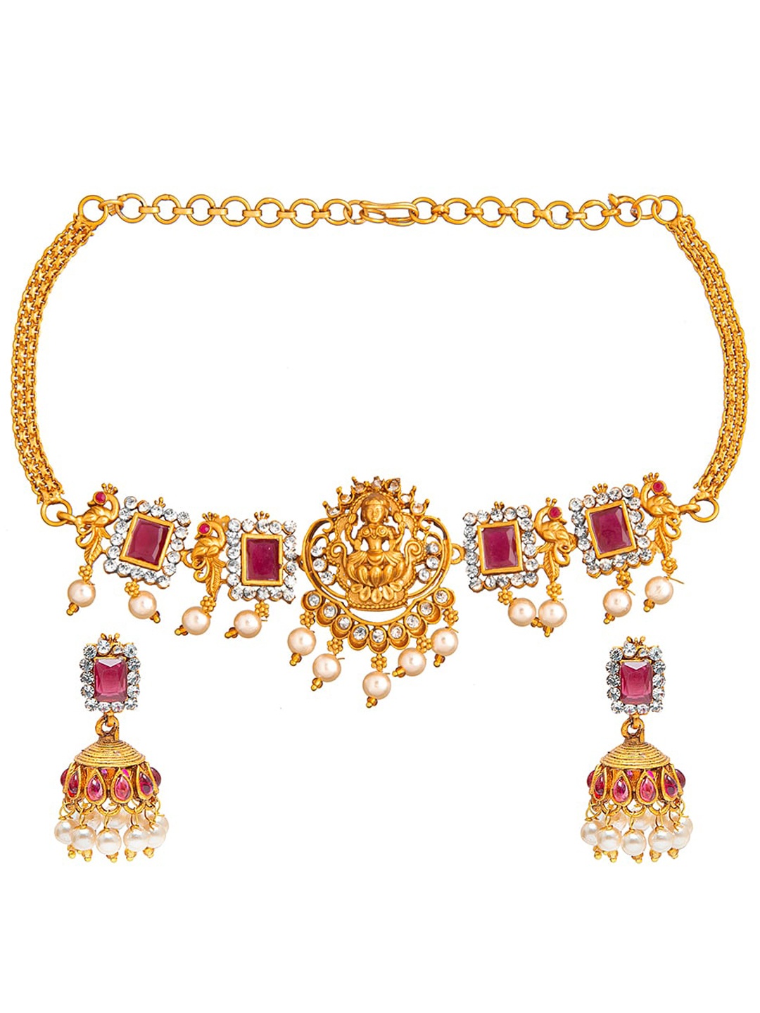 

Shining Jewel - By Shivansh Gold-Plated Maroon Lakshmi Temple Jewellery Set