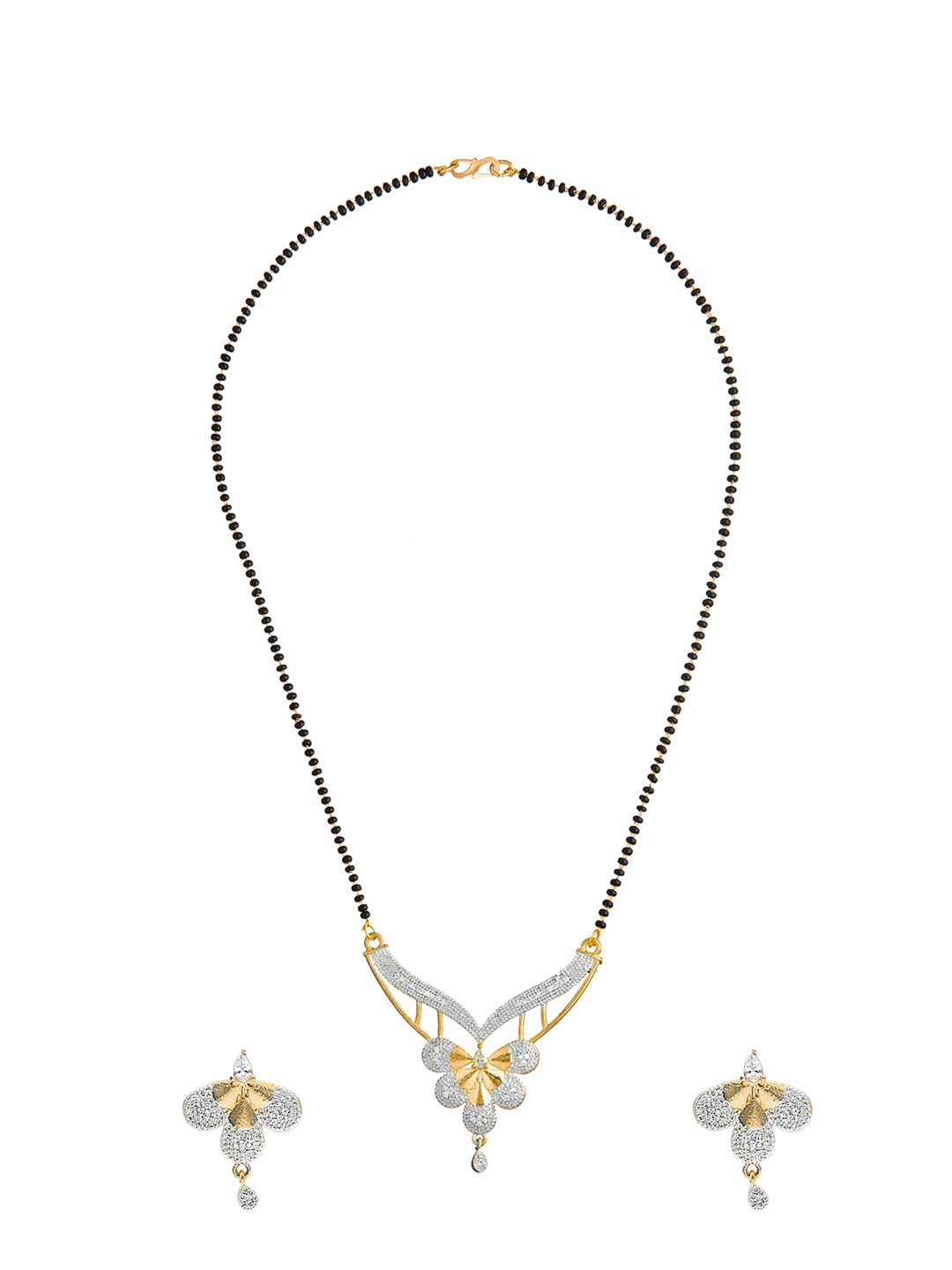 

Shining Jewel - By Shivansh Gold-Toned CZ & AD Studded Black Beaded Mangalsutra Set