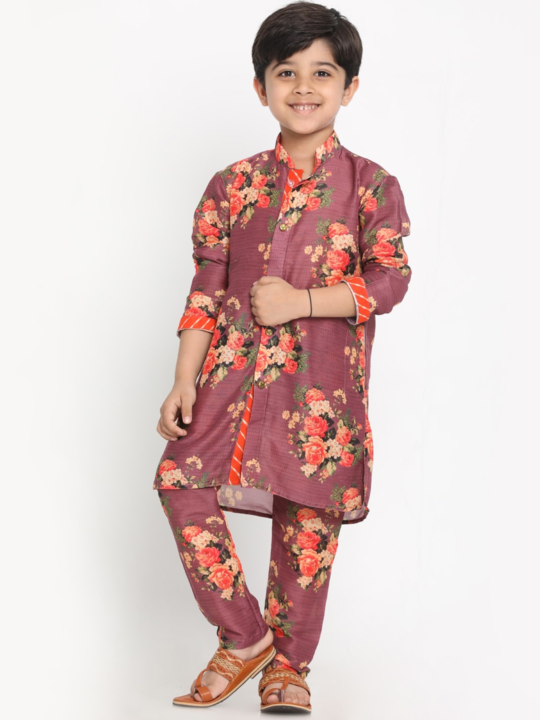 

VASTRAMAY Kids-Boys Purple Floral Printed Angrakha Kurti with Salwar