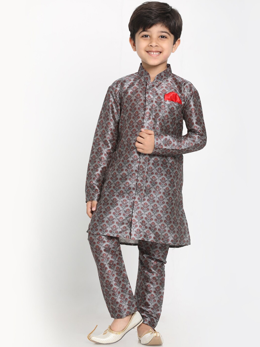 

VASTRAMAY Boys Grey Floral Printed Kurta with Pyjama