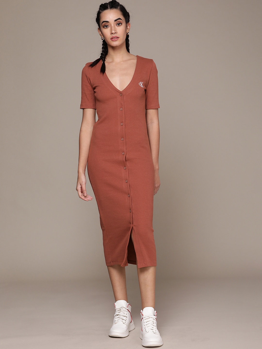 

Calvin Klein Jeans Women Rust Brown Ribbed Sheath Midi Dress