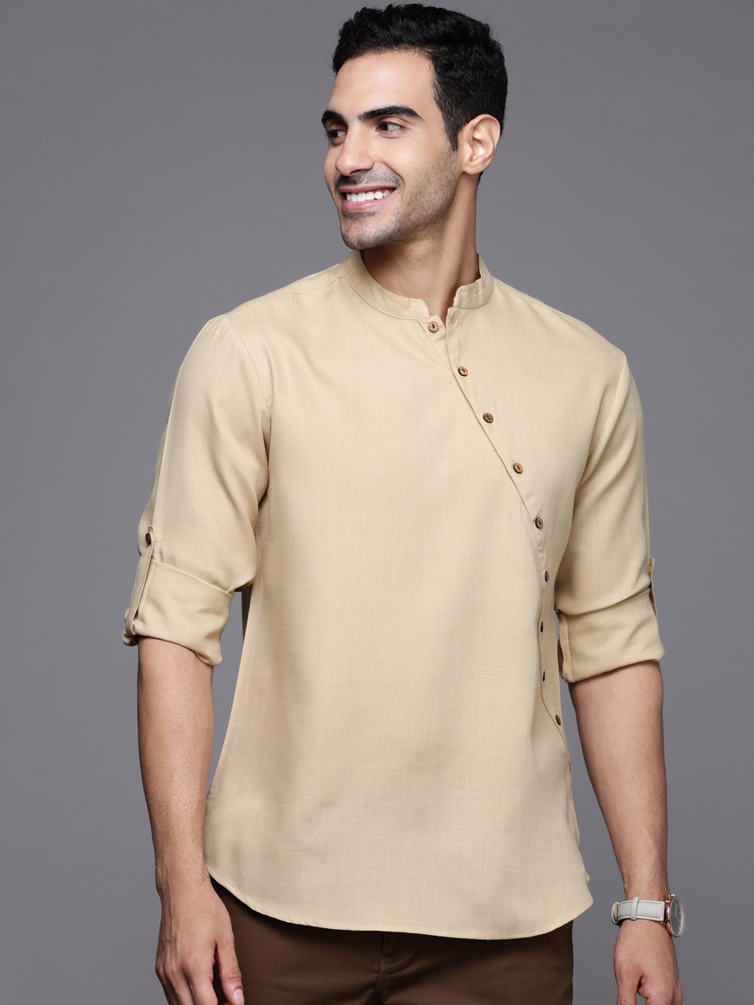 

Indo Era Men Beige Angrakha Kurta