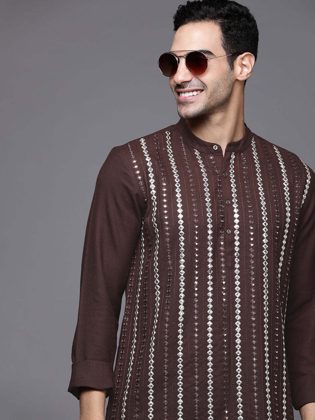 

Indo Era Men Brown Embellished Mirror Work Kurta