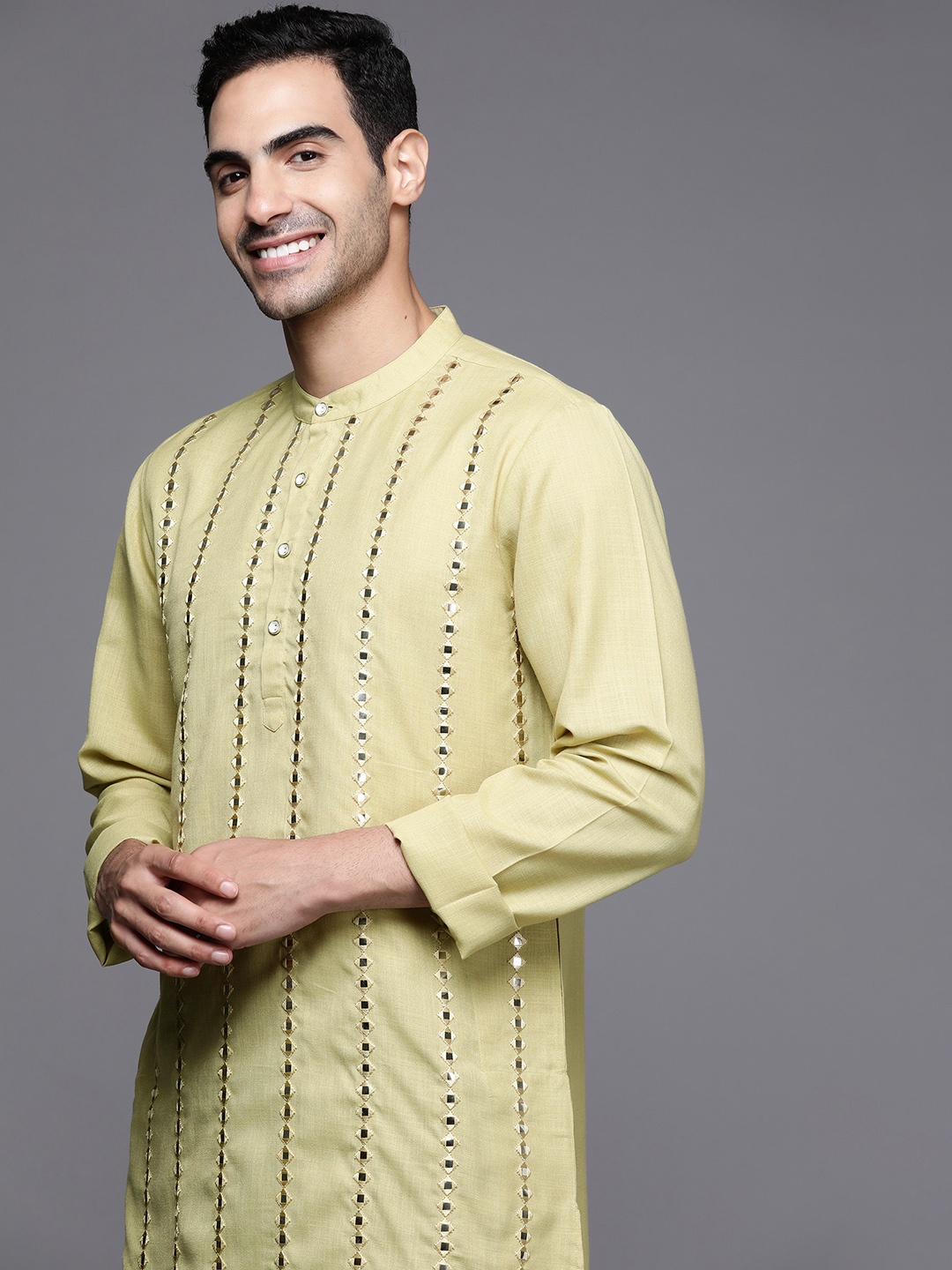 

Indo Era Men Sage Green Embellished Mirror Work Kurta, Olive