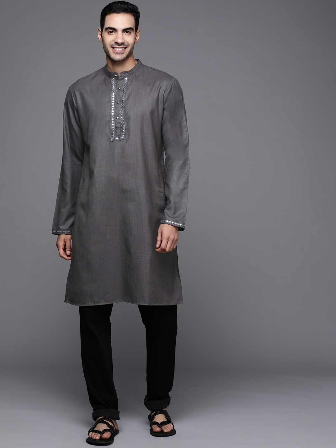 

Indo Era Men Charcoal Grey Mirror Work Kurta