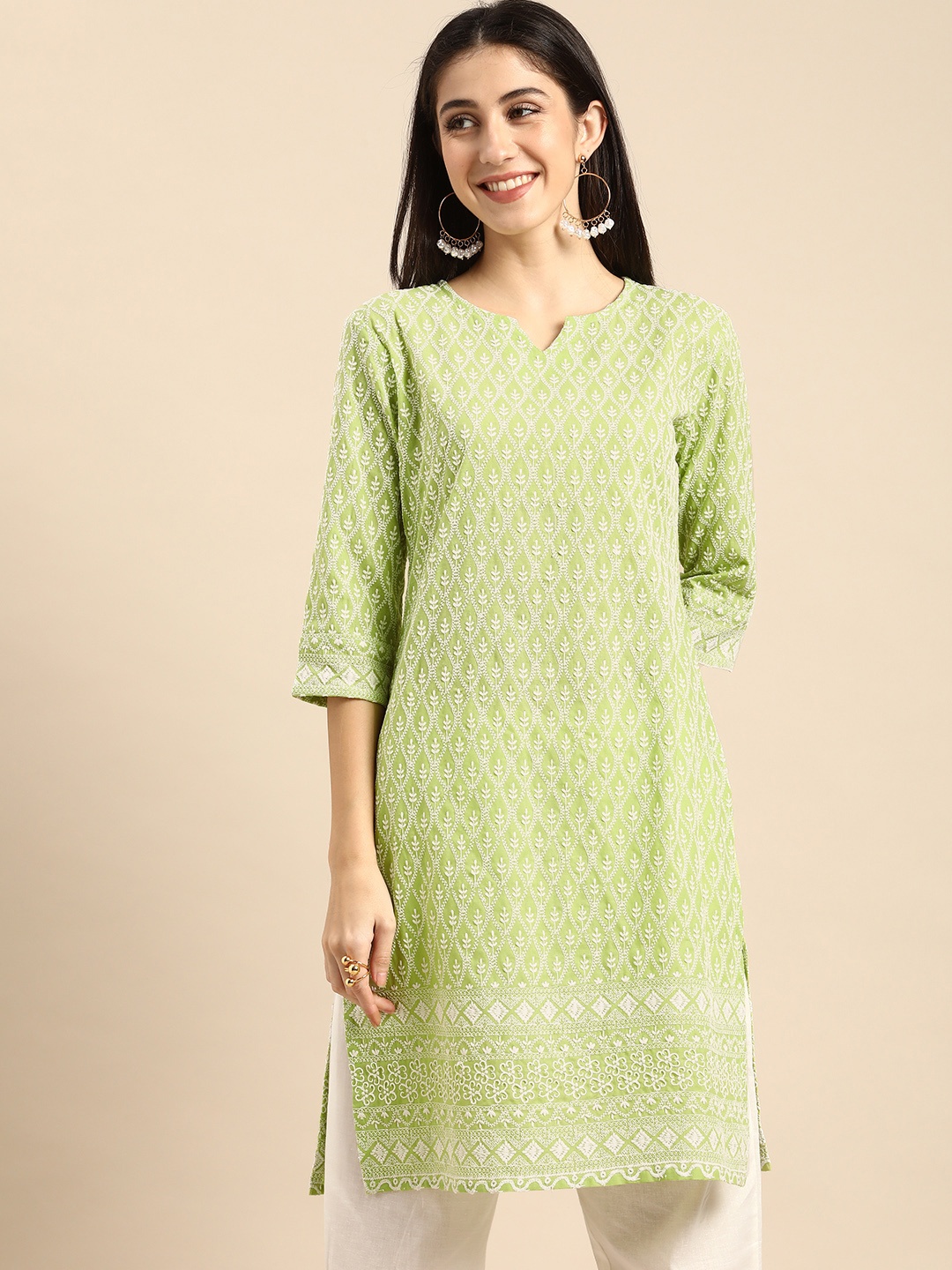 

all about you Women Lime Green & White Ethnic Motifs Embroidered Chikankari Kurta
