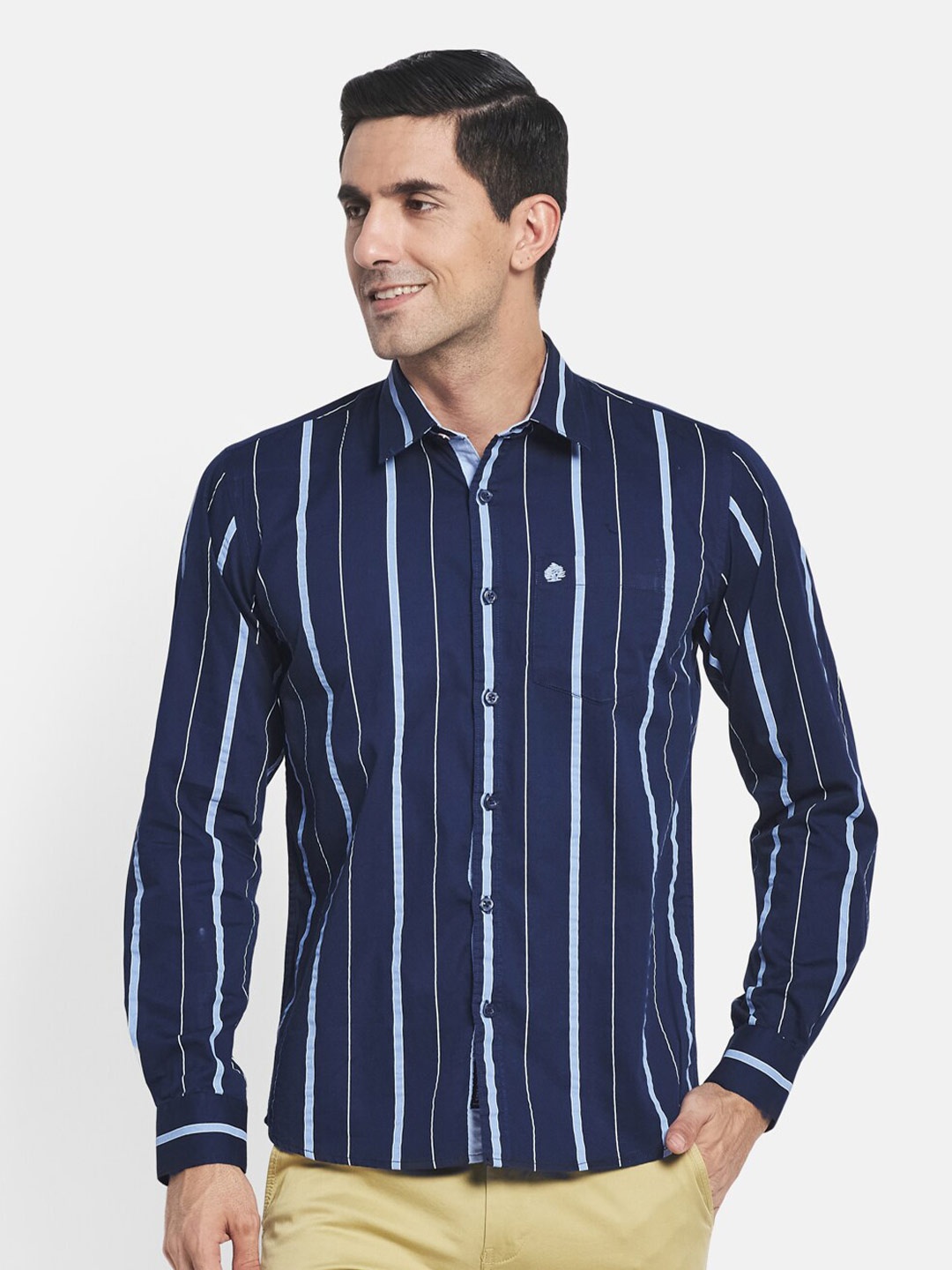 

METTLE Men Navy Blue Striped Casual Shirt