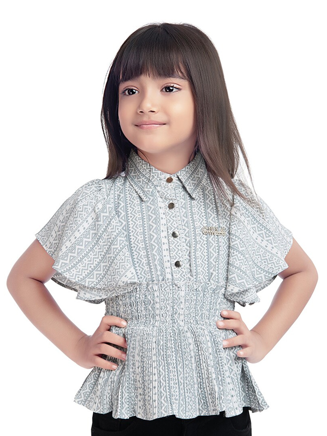 

Tiny Kingdom Grey & White Print Shirt Style Top