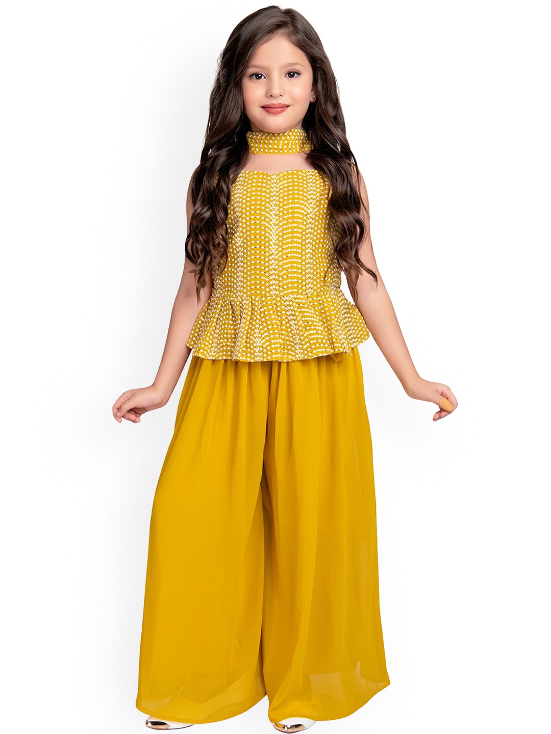 

Tiny Kingdom Girls Embellished Top with Palazzos & Dupatta, Mustard