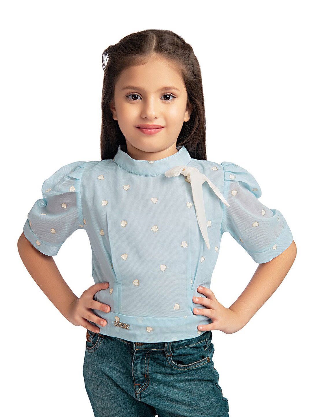 

Tiny Kingdom Girls Blue & White Conversational Printed Top