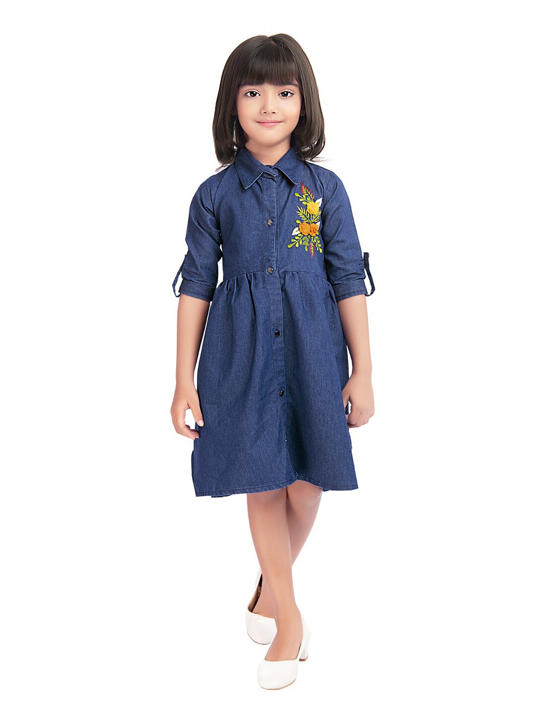 

Tiny Kingdom Kids-Girls Blue Roll-Up Sleeves Shirt Style Pure Cotton Top