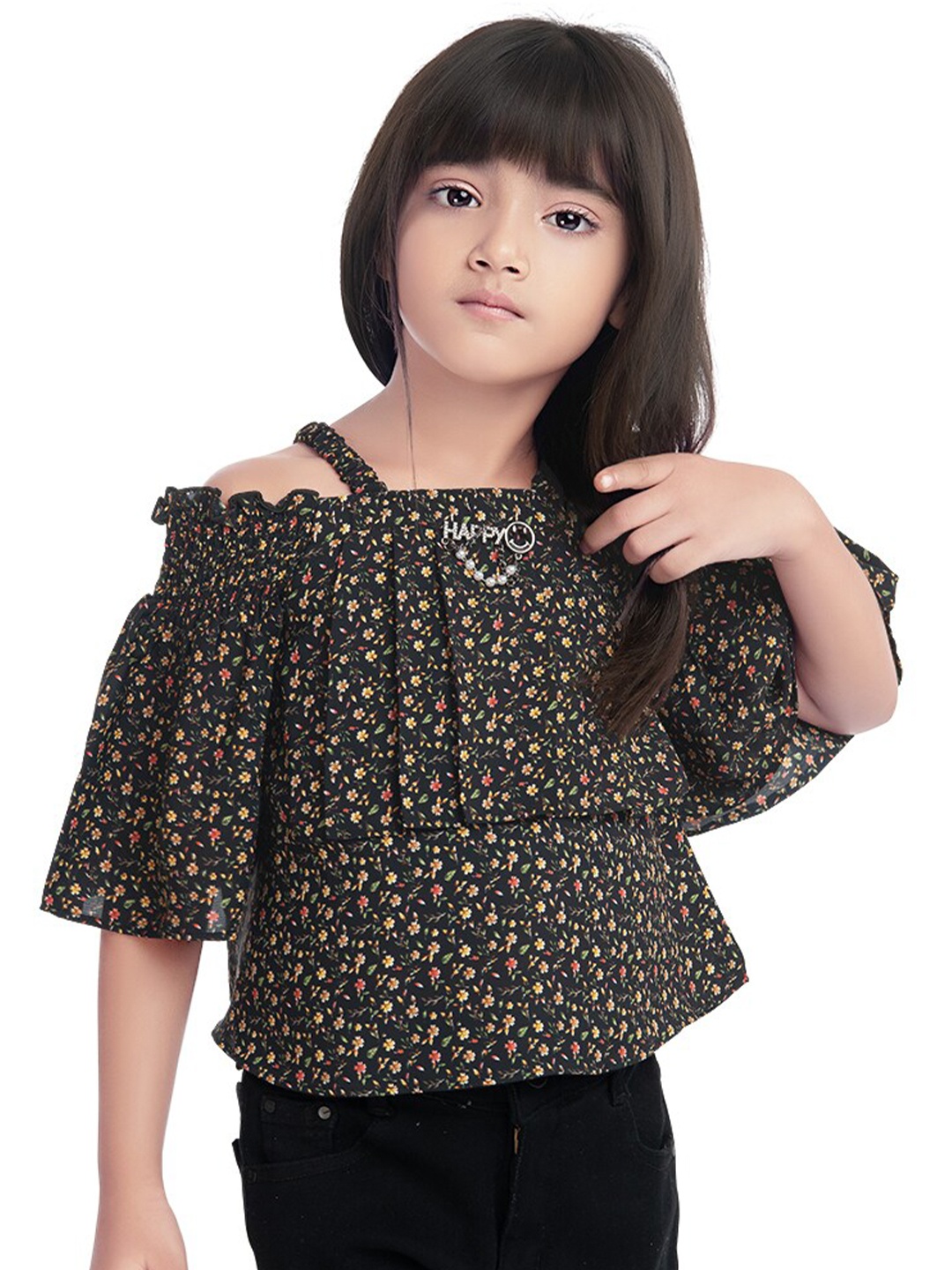 

Tiny Kingdom Black Animal Print Off-Shoulder Pure Cotton Bardot Top
