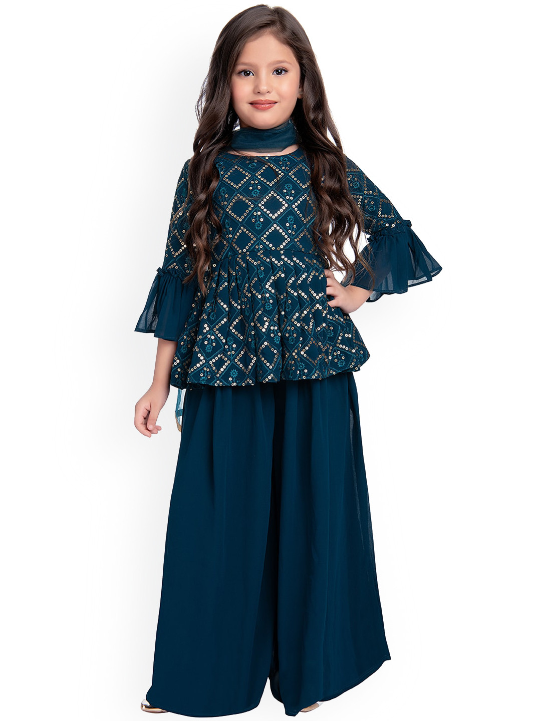 

Tiny Kingdom Girls Teal Blue Embellished Top with Palazzos