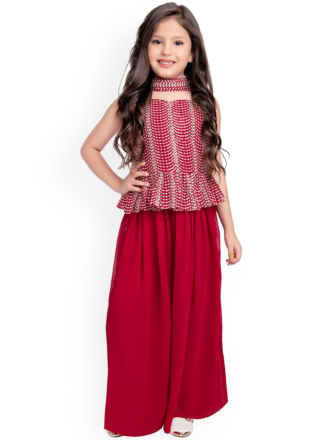 

Tiny Kingdom Girls Embroidered Thread Work Kurta Set With Dupatta & Belt, Pink