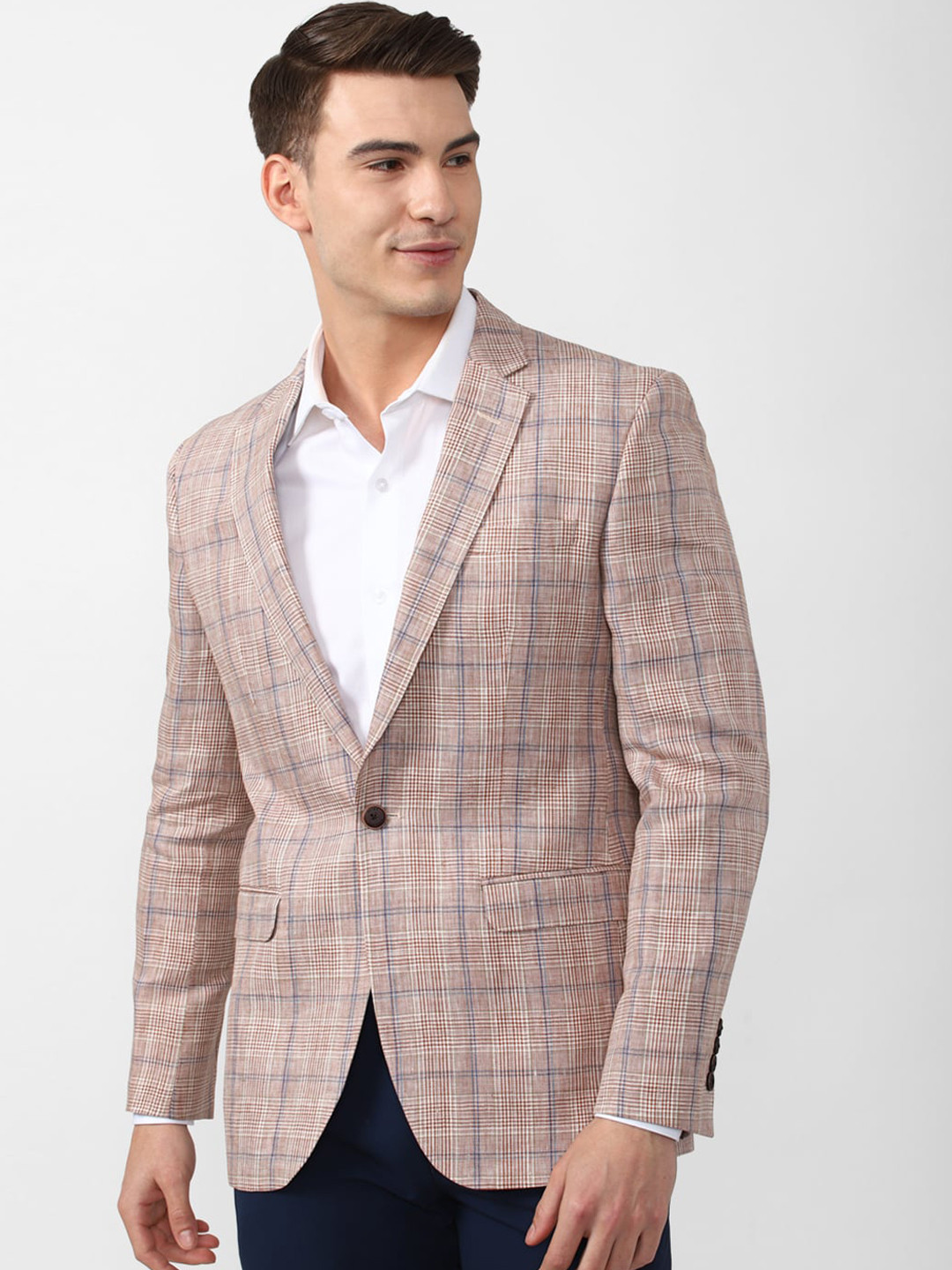 

Peter England Elite Men Brown & Blue Checked Slim Fit Single Breasted Blazers
