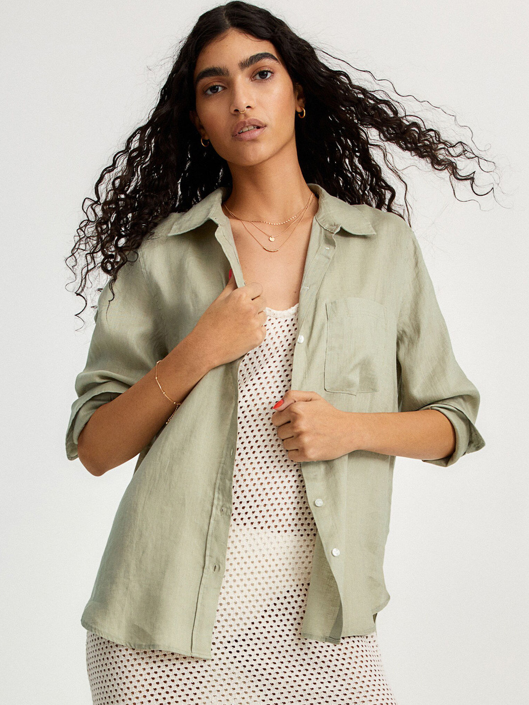 

H&M Women Olive Green Regular Fit Solid Linen Shirt