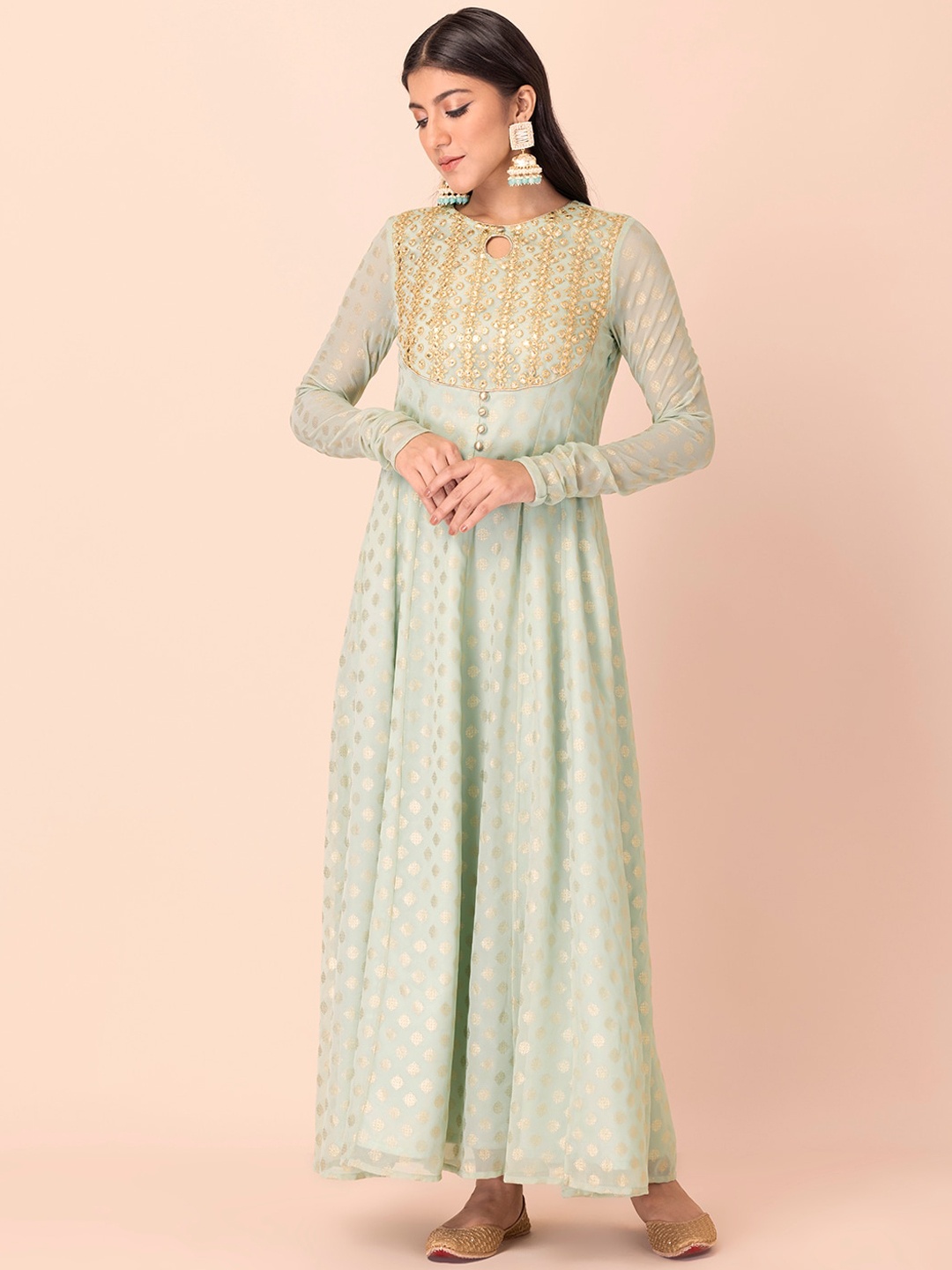 

INDYA Women Green Printed Maxi Long Ethnic Kurtas