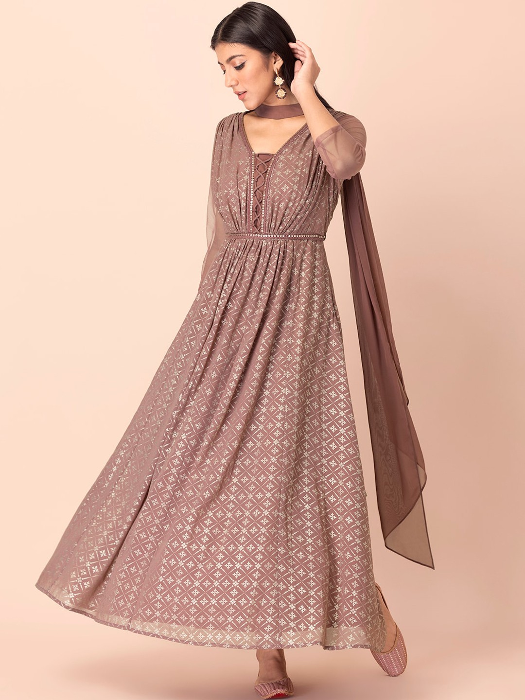 

INDYA Women Pink & Golden Ethnic Motifs Printed Pure Georgette Anarkali Kurta
