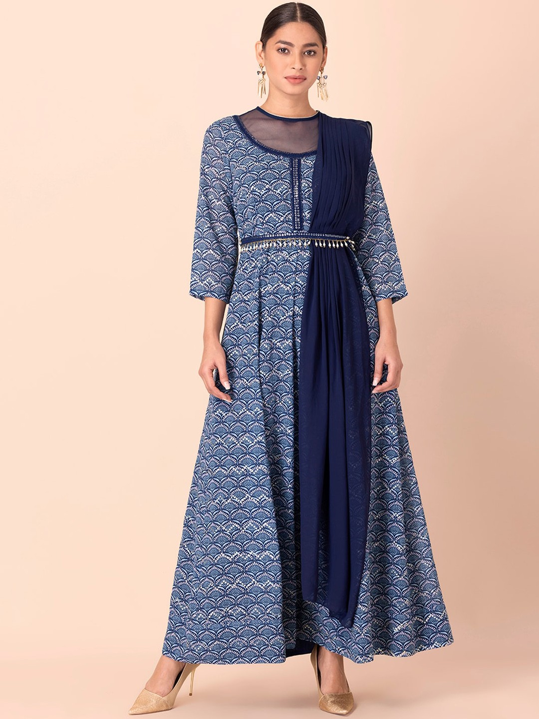 

INDYA Women Navy Blue & White Printed Georgette Maxi Kurta with Attached Dupatta