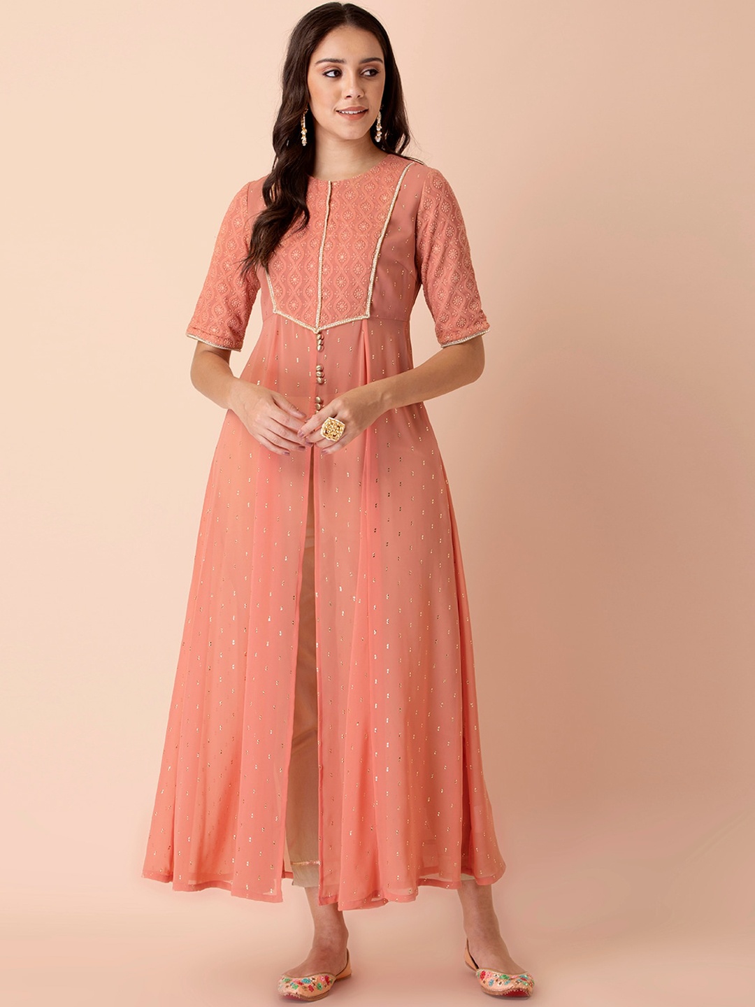 

INDYA Women Peach-Coloured Yoke Design Embroidered Georgette Anarkali Kurta