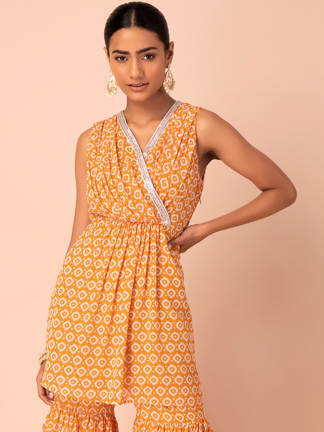 

Rang by Indya Women Yellow Geometric Printed Georgette Anarkali Kurta