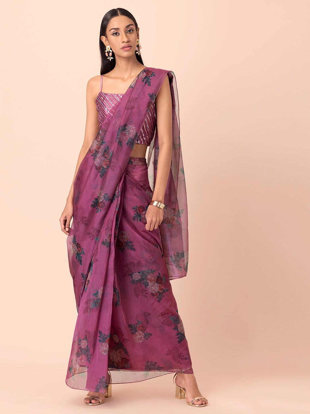 

INDYA Purple & Navy Blue Organza Floral Saree