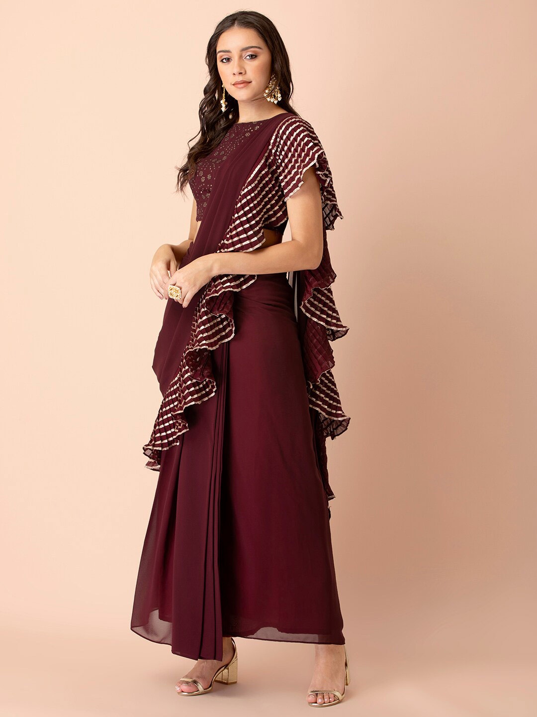 

INDYA Maroon & Gold-Toned Embellished Ruffled Pre Draped Saree