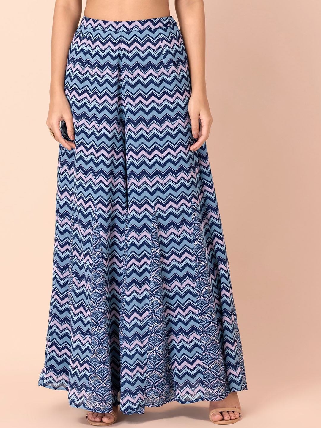 

INDYA Women Navy Blue Chevron Printed Flared Ethnic Palazzos